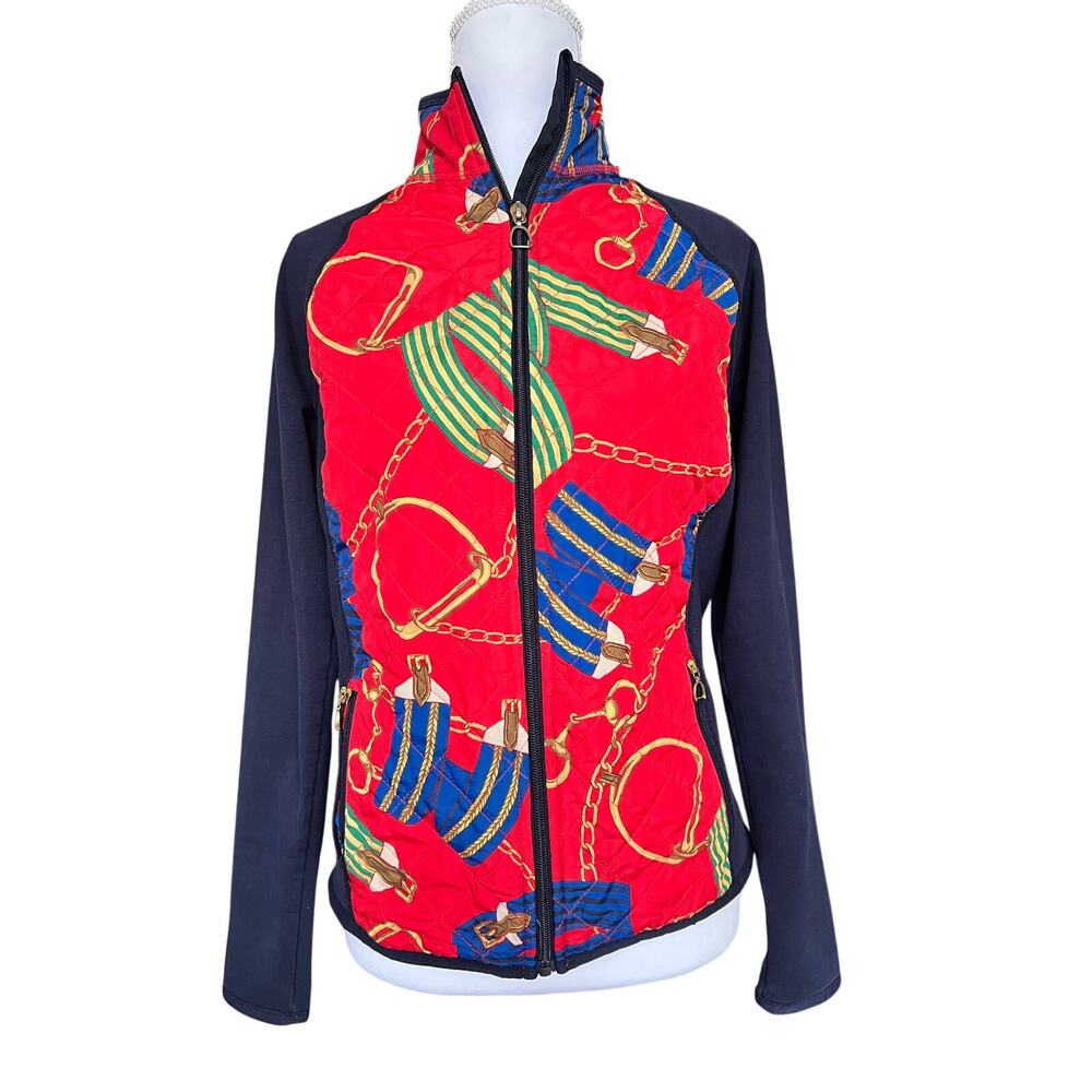 Ralph Lauren Quilted Zip Jacket Scarf Print Sweatshirt Navy Red Casual READ